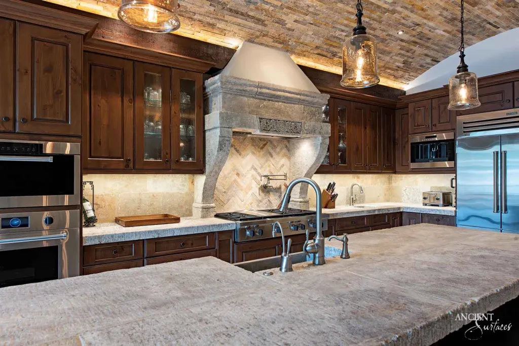 Reclaimed Limestone Hood with Vaulted Stone Ceiling by Ancient Surfaces